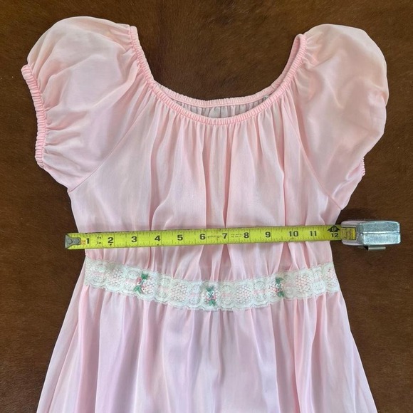 Vintage Y2K Pink Sheer Nylon Nightgown Puff Sleeve Empire Waist Lingerie Dress - Picture 5 of 6